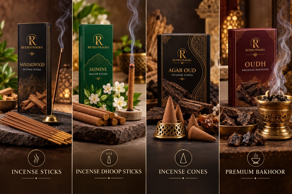 RetroFragra 4 Fragrance Pillars - Incense Sticks, Dhoop Sticks, Cones, Bakhoor